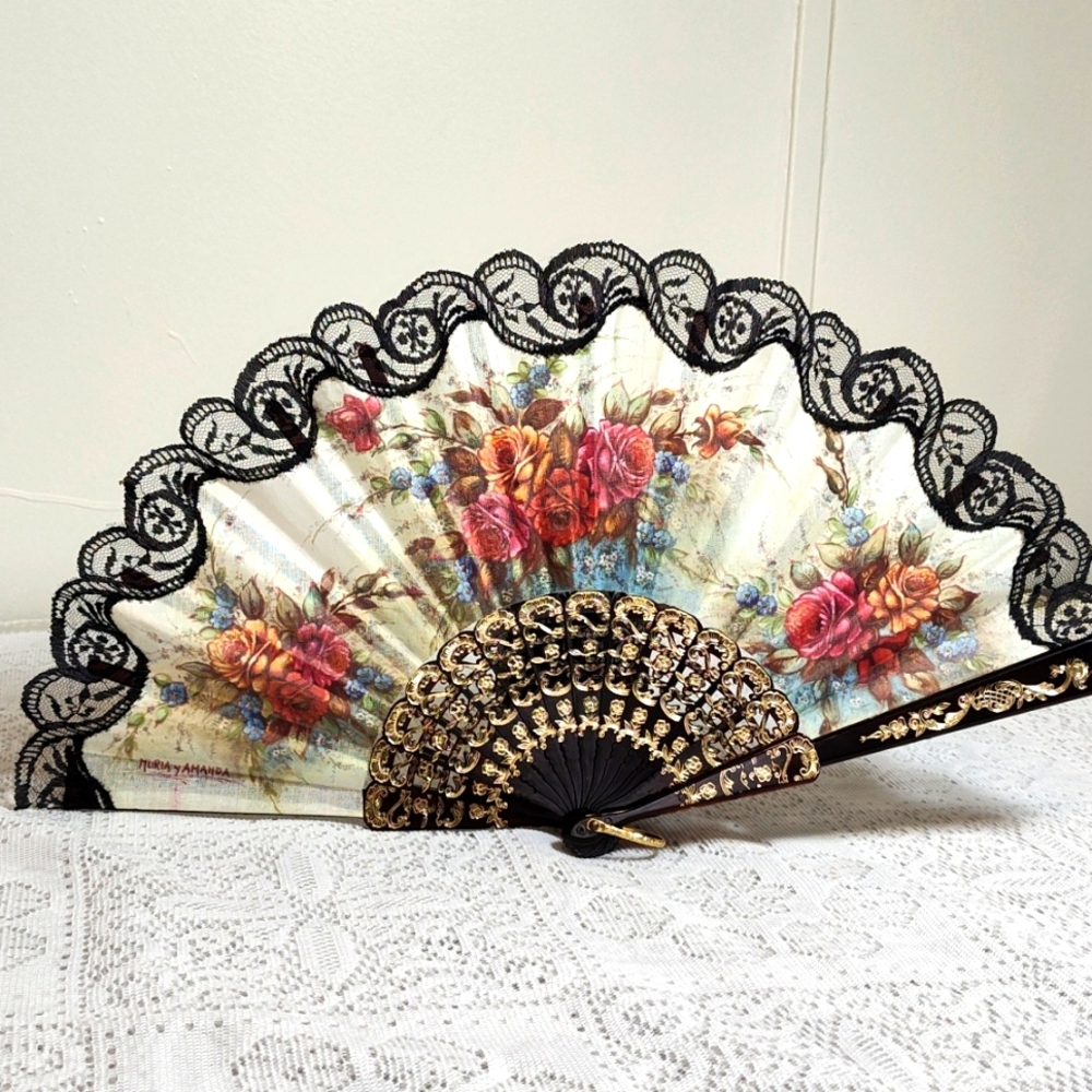 Vintage Spain Print Silk Hand Folding Fan Fashion Art Decor Flowers Lace